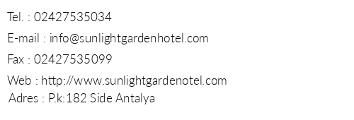 Sunlight Garden Hotel telefon numaralar, faks, e-mail, posta adresi ve iletiim bilgileri